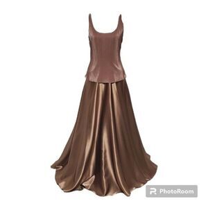 Cachet Brown Copper 2 Piece Micro Pleated Beaded Satin Formal Dress Set 6P
